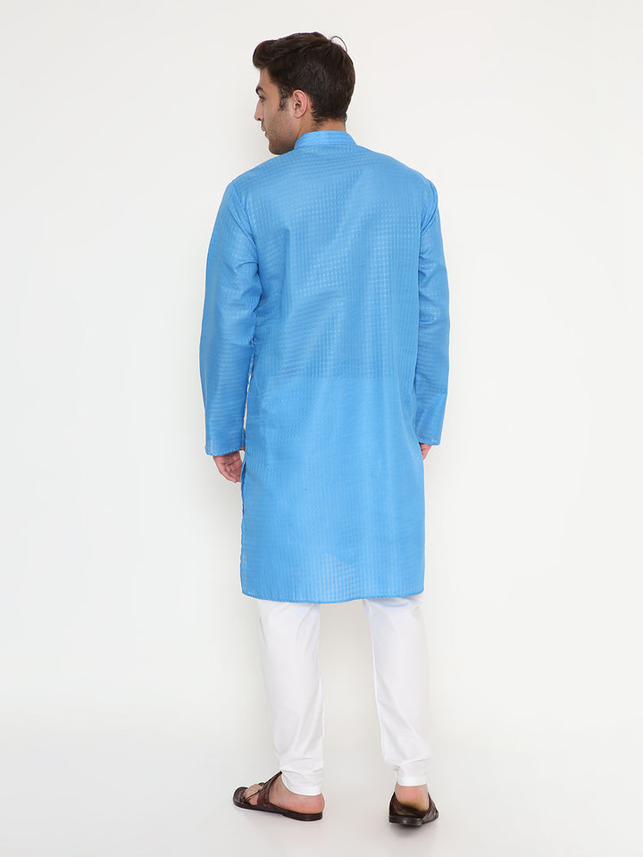 Back view of men's blue poly viscose ethnic kurta showcasing its long length and comfortable fit, perfect for traditional occasions.