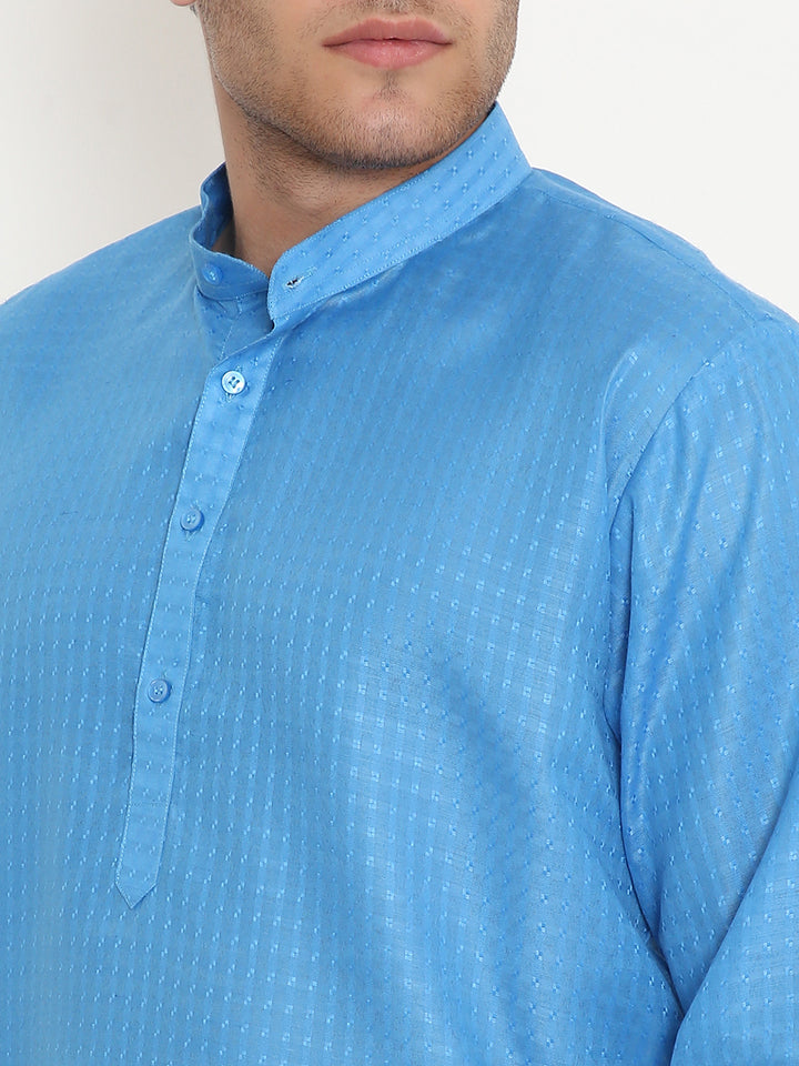Close-up of blue poly viscose kurta collar and button placket, highlighting the fine ethnic detailing and smooth fabric texture.