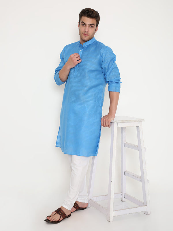 Blue ethnic kurta set for men featuring a regular fit and subtle textured design, ideal for cultural events and festive wear.