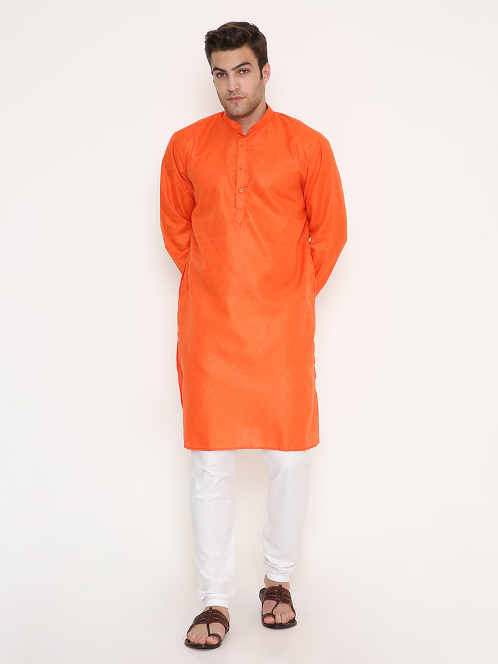 Front view of Poly Viscose Kurta in Orange - Regular Fit. Features a mandarin collar and button placket for classic ethnic style.