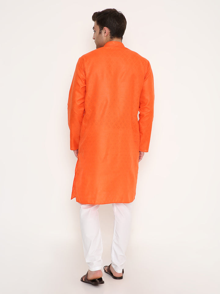 Back view of Poly Viscose Kurta in Orange - Regular Fit. Showcases clean tailoring and smooth finish for a refined look.