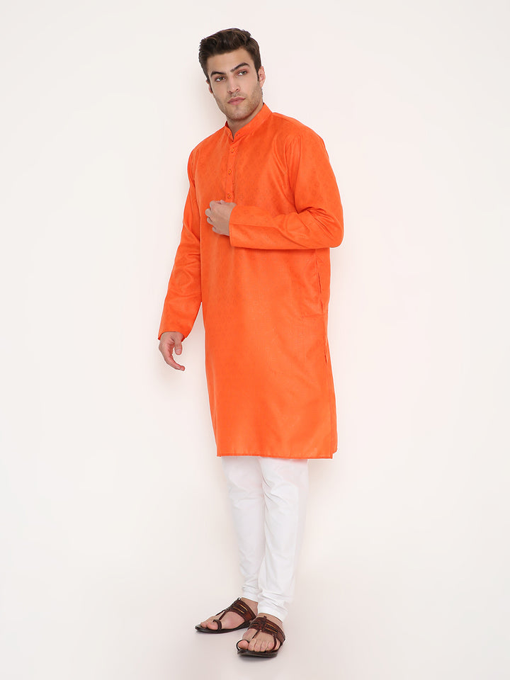 Side view of Poly Viscose Kurta in Orange - Regular Fit. Lightweight and breathable fabric ideal for ceremonial wear.