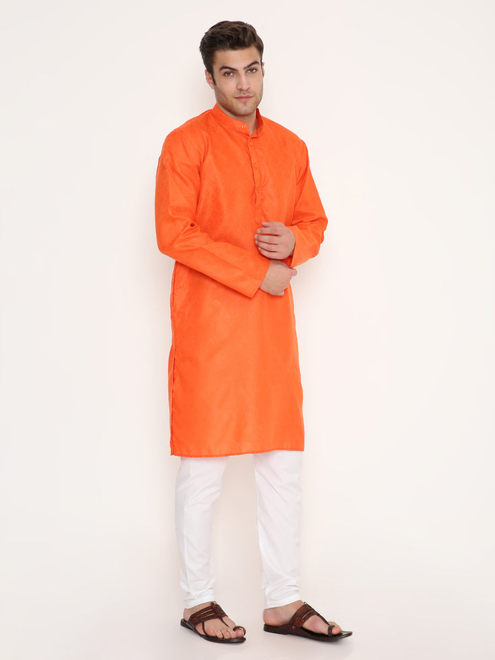 Angled view of Poly Viscose Kurta in Orange - Regular Fit. Perfect for traditional events and comfortable all-day wear.