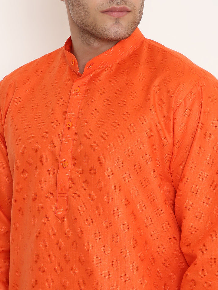 Close-up of Poly Viscose Kurta in Orange - Regular Fit. Highlights textured fabric and detailed button design for added elegance.