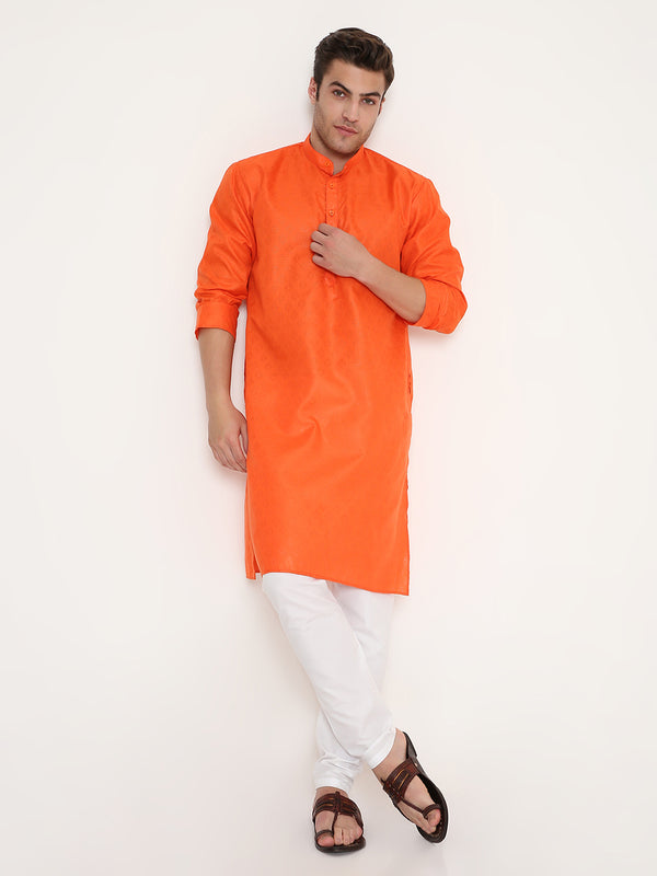 Poly Viscose Kurta in Orange - Regular Fit styled with white churidar. Comfortable wear for festive and traditional occasions.