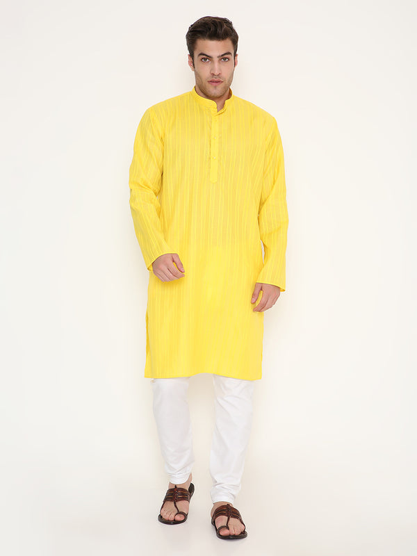 Poly Viscose Regular Fit Self Design Kurta in Yellow