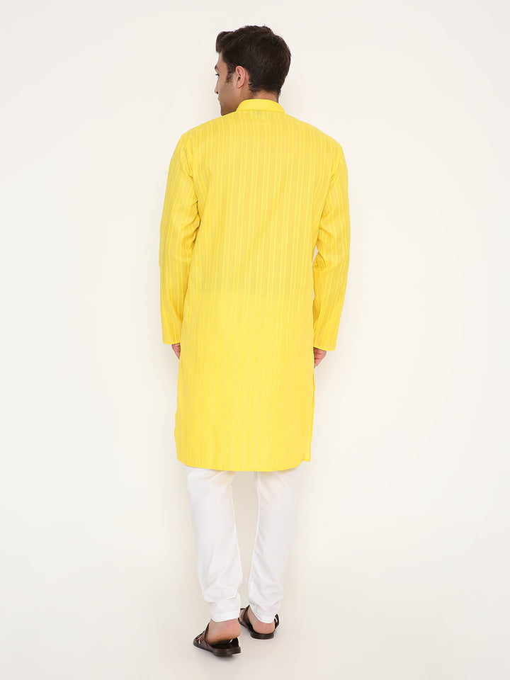 Back view of Yellow Kurta Poly Viscose in regular fit, highlighting the vertical self design pattern. Lightweight and breathable for all-day wear.