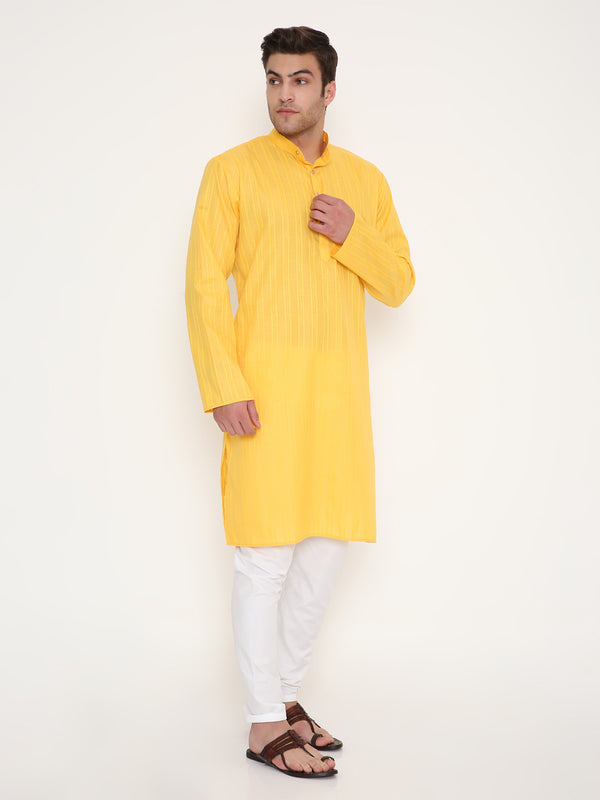 Poly Viscose Regular Fit Self Design Kurta in Bright Yellow