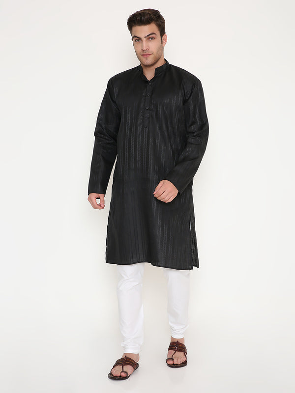 Poly Viscose Regular Fit Self Design Kurta in Black