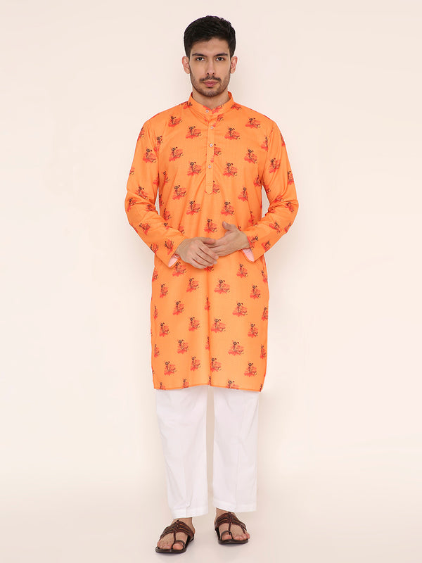 Poly Viscose Regular Fit Mahadev Print Kurta Pyjama Set in Orange