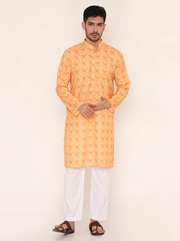 Poly Viscose Regular Fit Om Namah Shivay Print Kurta Pyjama Set in Light Orange