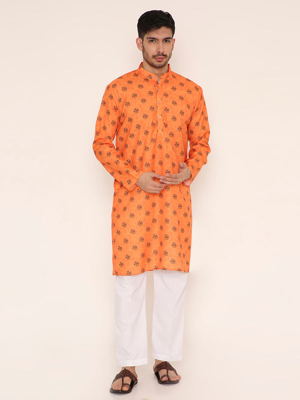 Poly Viscose Regular Fit Om Namah Shivay Print Kurta Pyjama Set in Dark Orange