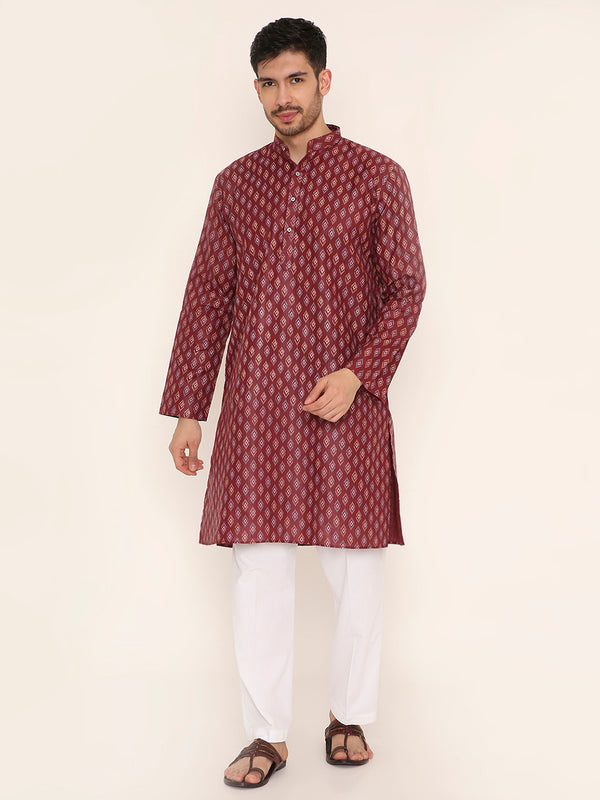 Poly Viscose Regular Fit Traditional Print Design Kurta Pyjama Set in Maroon