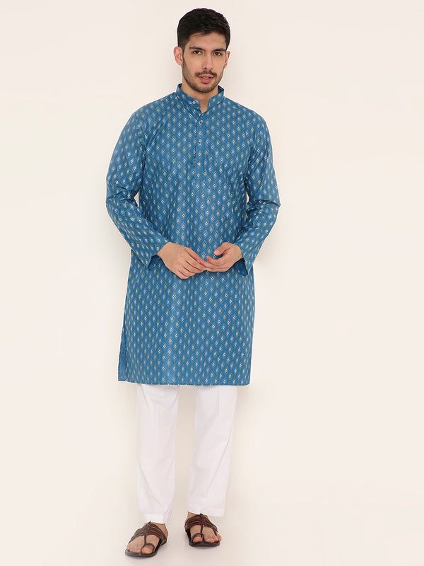 Poly Viscose Regular Fit Traditional Print Design Kurta Pyjama Set in Blue