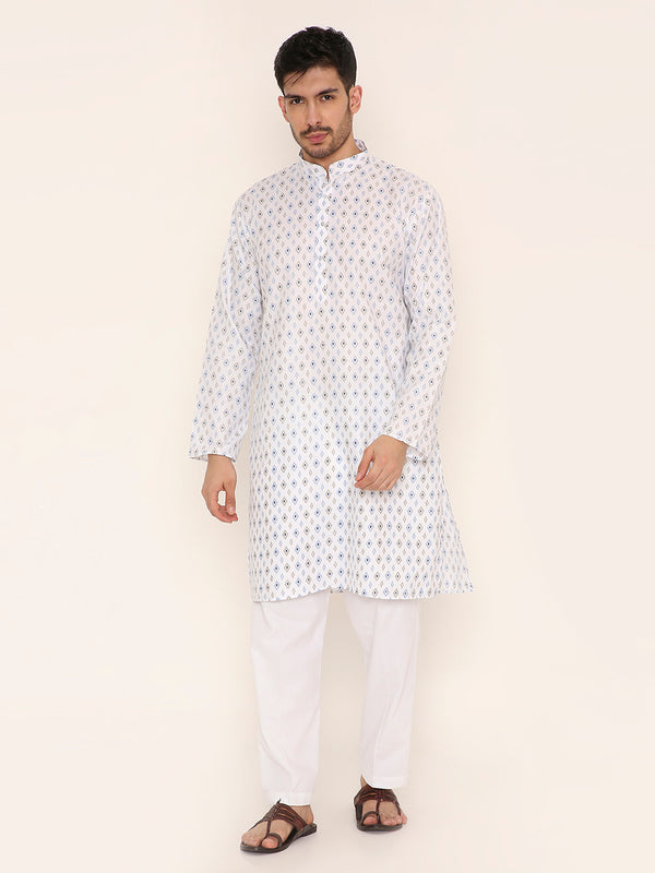 Poly Viscose Regular Fit Traditional Print Design Kurta Pyjama Set in White