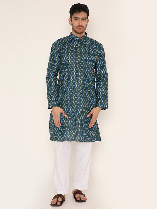 Poly Viscose Regular Fit Traditional Print Design Kurta Pyjama Set in Dark Green