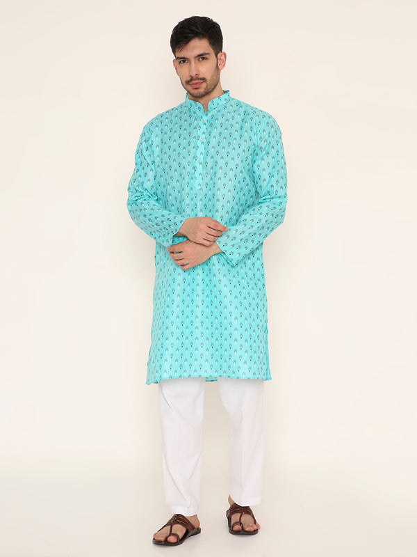 Poly Viscose Regular Fit Traditional Print Design Kurta Pyjama Set in Turquoise