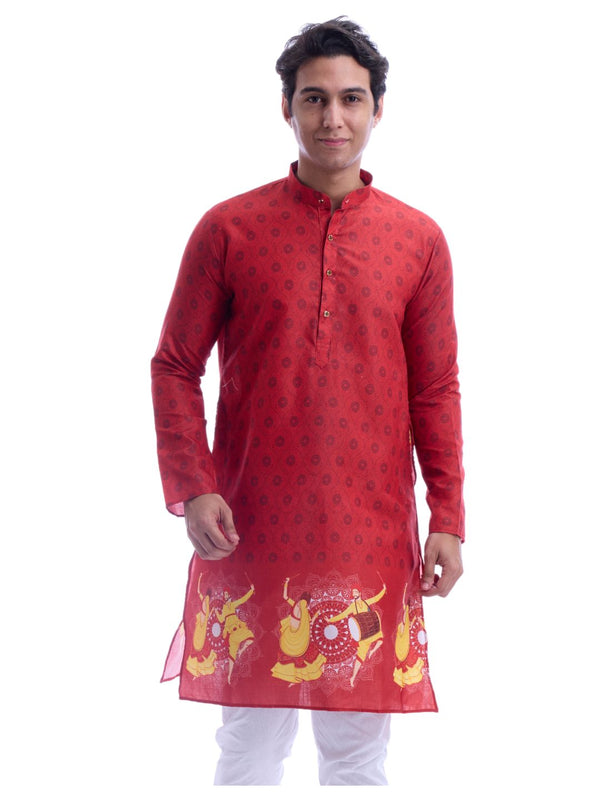 Magic Cotton Navratri Print Red Kurta Pyjama Set for Men [MSKP210]