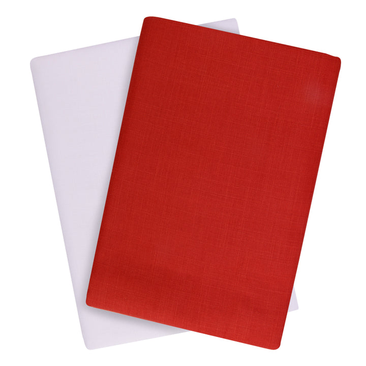 Unstitched Magic Cotton Red Kurta Fabric Set with red and white fabric pieces, ideal for summer tailoring and gifting.
