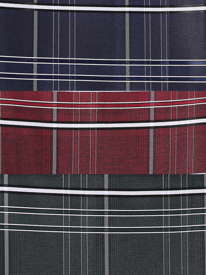 Unstitched PolyBlend set featuring 3 checkered shirt fabrics in navy, maroon, and dark green. Ideal for custom-fit shirt tailoring.