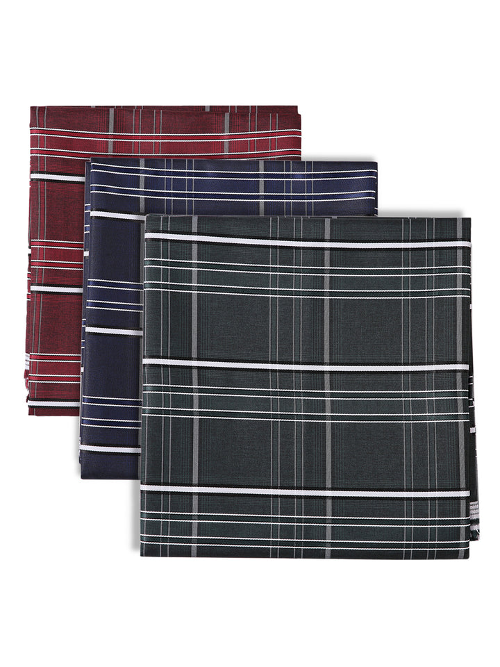Pack of 3 folded checkered shirt fabrics in PolyBlend material. Includes navy, maroon, and green shades for stylish custom shirts.