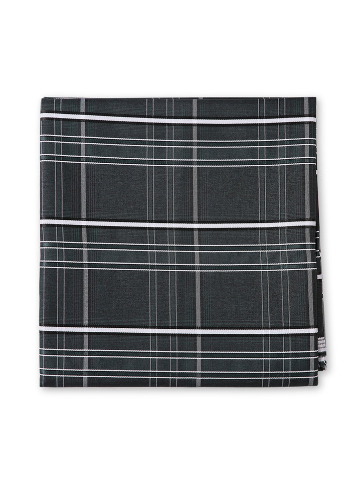 Single folded green checkered PolyBlend shirt fabric. Premium unstitched textile for custom-fit shirt crafting.