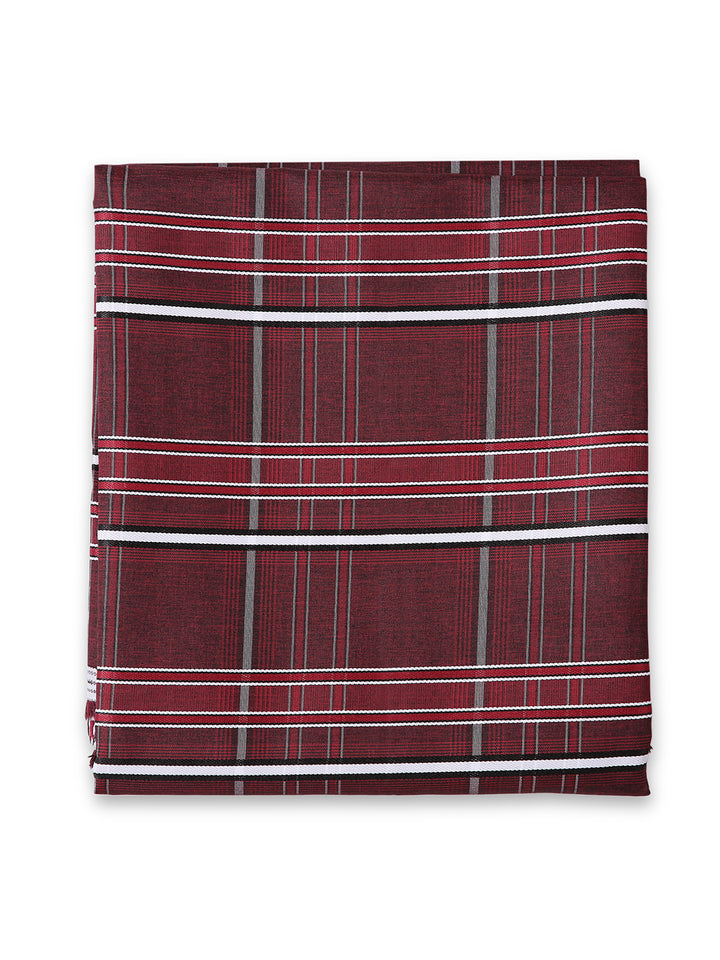 Folded maroon checkered PolyBlend shirt fabric. High-quality unstitched material for tailored shirt designs.