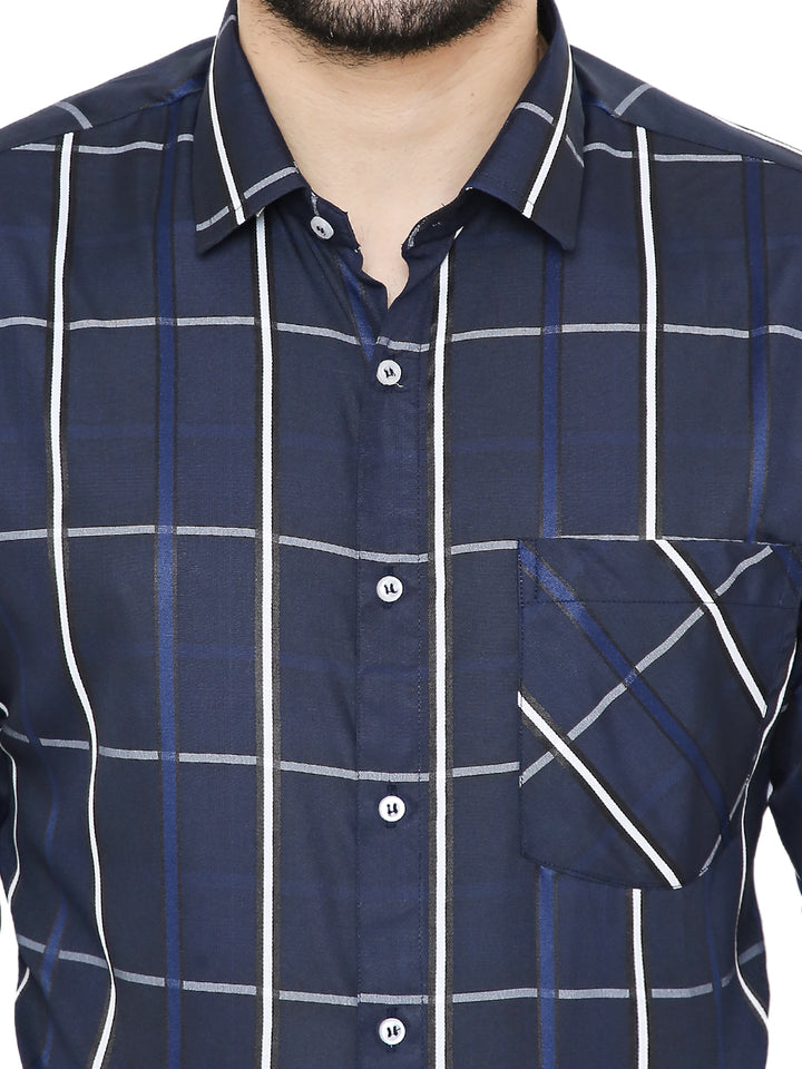 Close-up of Blue Slim Fit Checkered Shirt showing detailed stitching, button placket, and diagonally patterned chest pocket for added style.