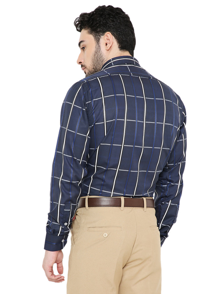 Back view of Slim Fit Blue Checkered Shirt highlighting the clean checkered design and tailored fit across the shoulders and back.