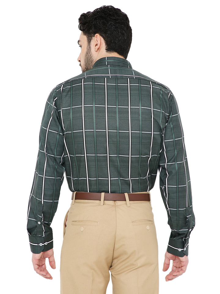 Back view of green checkered slim fit shirt showing structured fit and clean check pattern, suitable for office or casual settings.