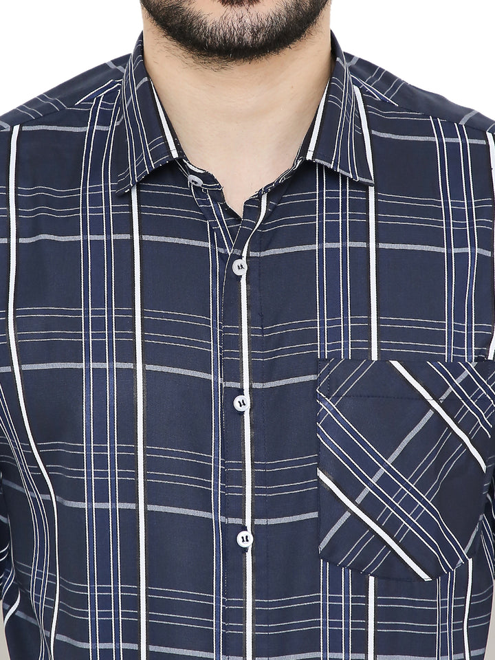 Close-up of Slim Fit Checkered Shirt in Blue highlighting the detailed check pattern, button placket, and angled chest pocket.