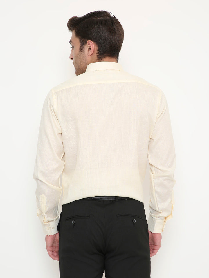 Back view of Slim Fit Beige Men's Shirt - Poly Viscose, showcasing tailored fit and smooth finish for formal and semi-formal occasions.