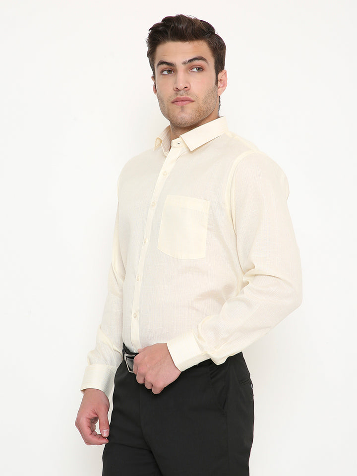 Side angle of Slim Fit Beige Men's Shirt - Poly Viscose, highlighting its structured collar and breathable fabric for all-day comfort.