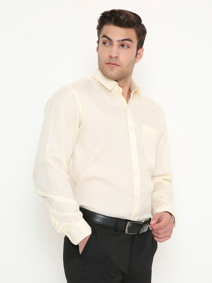 Slim Fit Beige Men's Shirt - Poly Viscose shown in semi-profile view, perfect for office wear with a sleek, modern silhouette.