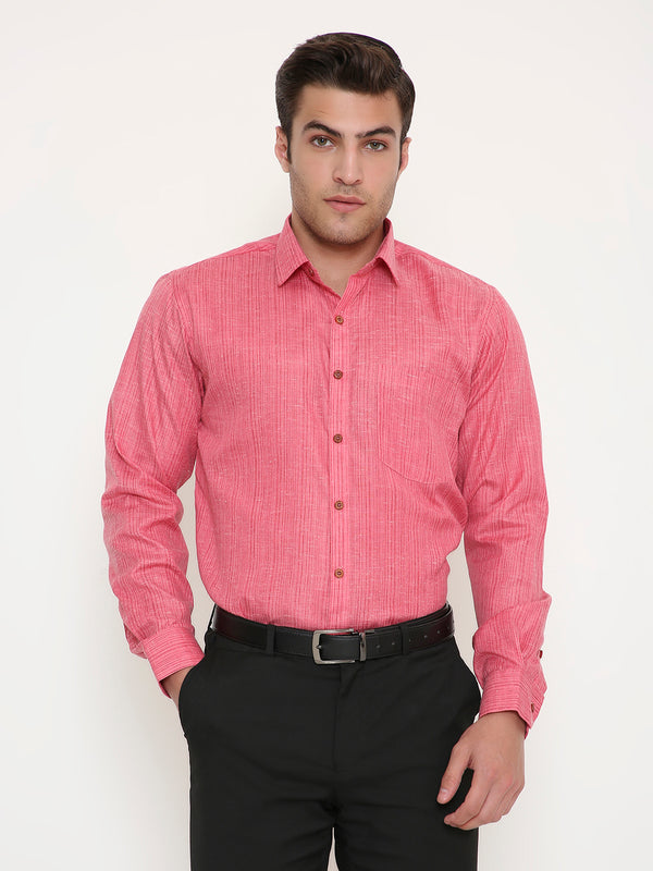 Poly Viscose Slim Fit Vertical Striped Shirt in Dark Pink