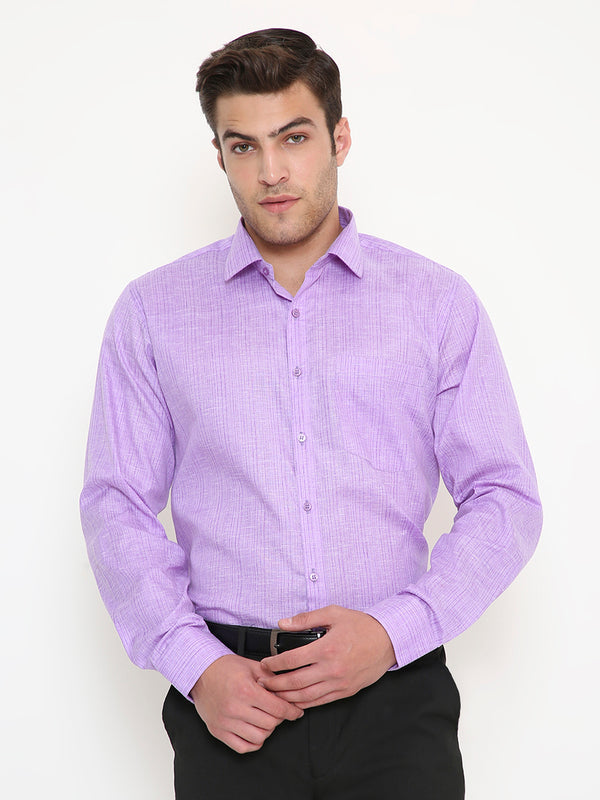 Men's purple slim fit vertical striped shirt with long sleeves, ideal for office and events. Features a classic collar and button-down front.