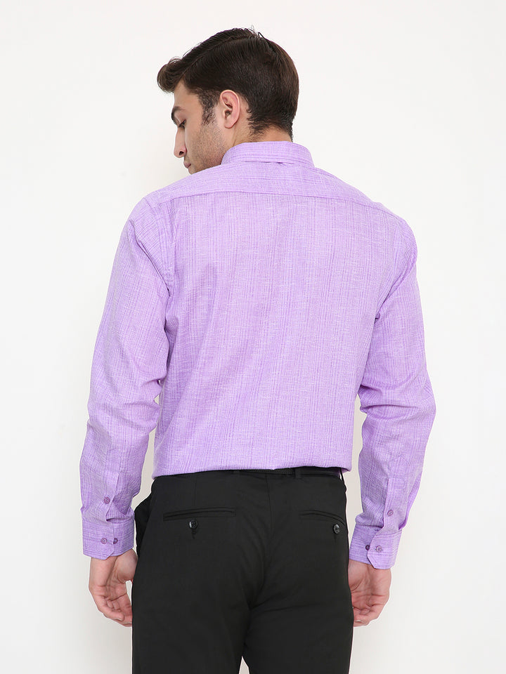 Back view of men's purple slim fit striped shirt showing tailored fit and shoulder seam details, perfect for formal and semi-formal occasions.