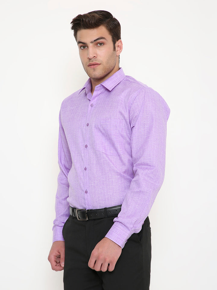 Side view of slim fit men's purple striped shirt styled with black trousers, highlighting its modern cut and office-ready appeal.