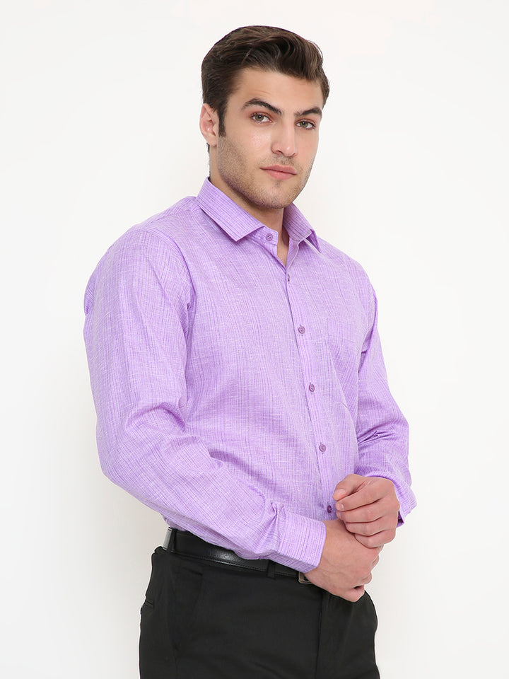 Men's purple vertical striped slim fit shirt with buttoned cuffs and pointed collar, styled for business or event wear.