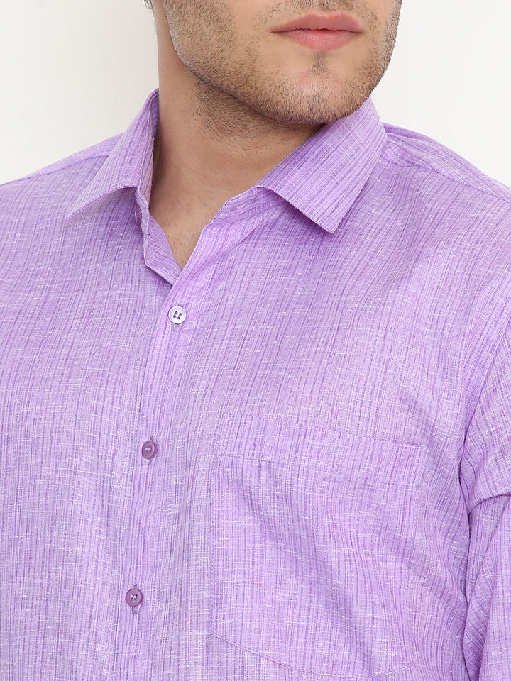 Close-up of purple slim fit striped shirt showing fine poly viscose texture, button details, and chest pocket stitching.