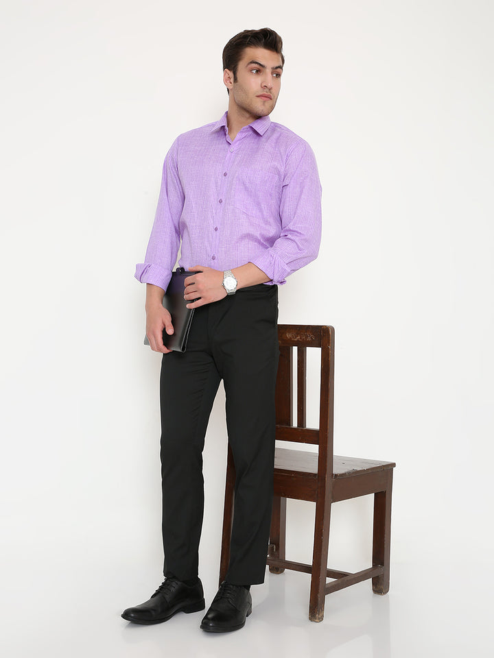 Full body view of man wearing purple slim fit striped shirt with black pants and formal shoes, styled for office or event settings.