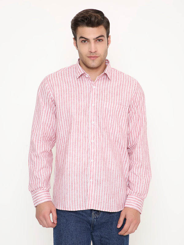 Poly Viscose Slim Fit Vertical Striped Shirt in Red