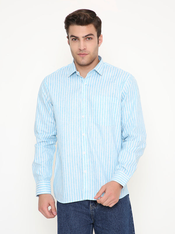 Slim Fit Striped Shirt - Men's Sky Blue Wear featuring vertical white stripes, long sleeves, and a chest pocket for casual or office style.