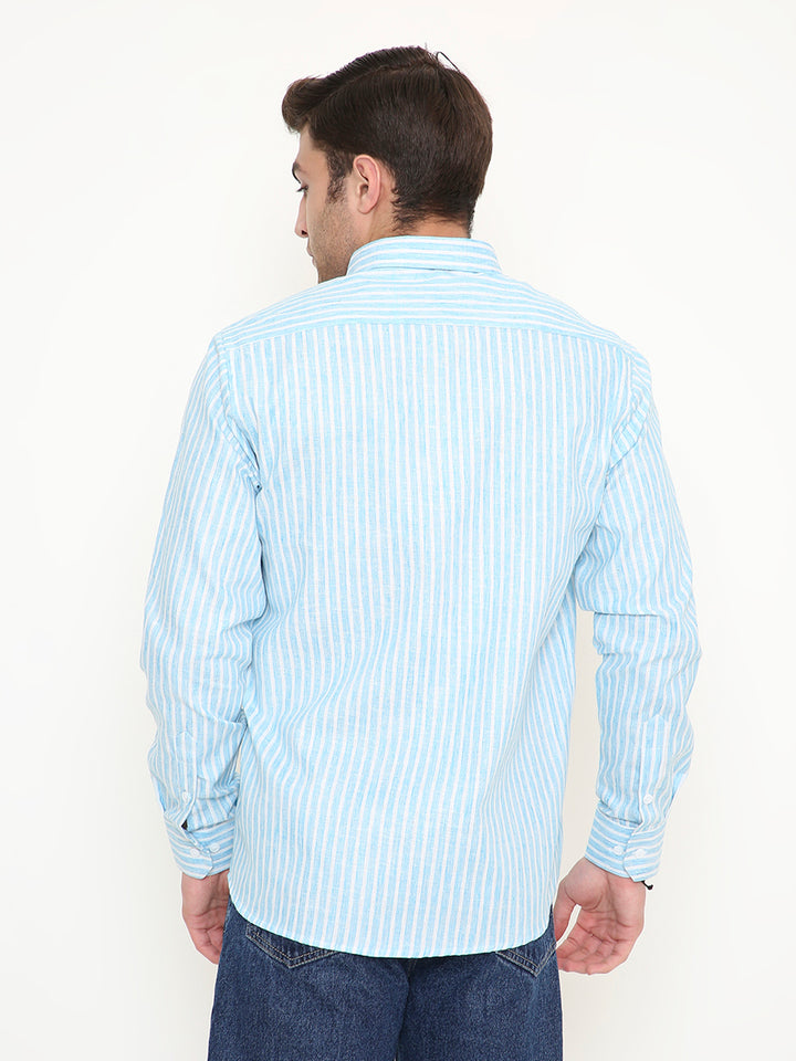 Back view of Slim Fit Striped Shirt - Men's Sky Blue Wear showing vertical stripes and relaxed fit ideal for stylish comfort.