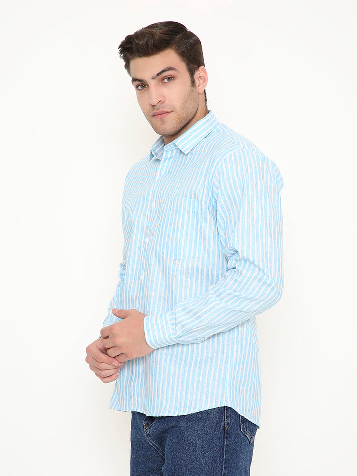 Side profile of Slim Fit Striped Shirt - Men's Sky Blue Wear highlighting the tailored fit and breathable poly viscose fabric.