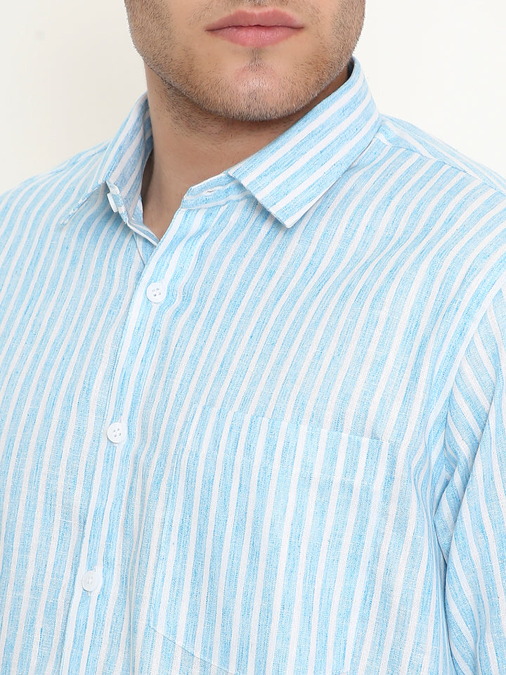 Close-up of Slim Fit Striped Shirt - Men's Sky Blue Wear detailing the collar, buttons, and fine vertical stripe pattern.
