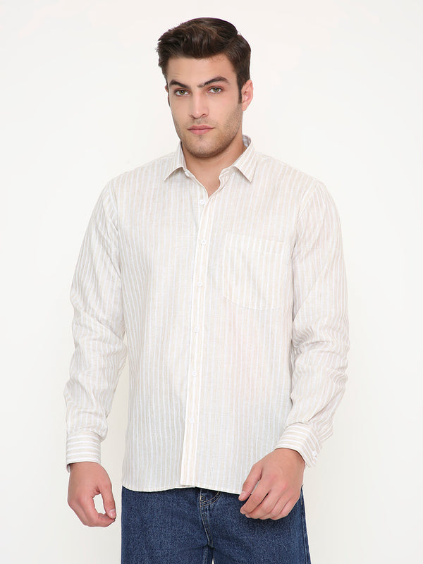 Poly Viscose Slim Fit Vertical Striped Shirt in Beige
