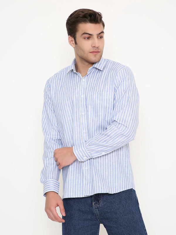Dark Blue Slim Fit Striped Shirt - Men's with vertical stripes, long sleeves, and button-down front, ideal for office or casual wear.