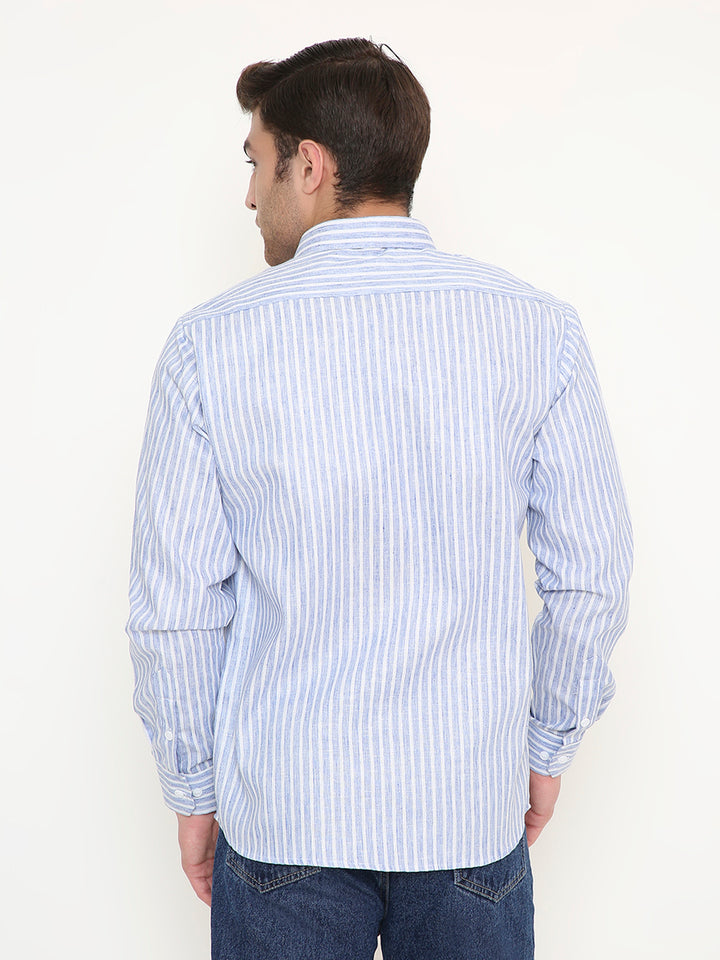 Back view of Men's Dark Blue Slim Fit Striped Shirt showcasing breathable poly viscose fabric and tailored fit for everyday comfort.