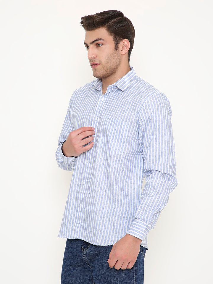 Side angle of Dark Blue Slim Fit Striped Shirt for men, featuring crisp vertical stripes and lightweight, easy-care fabric.